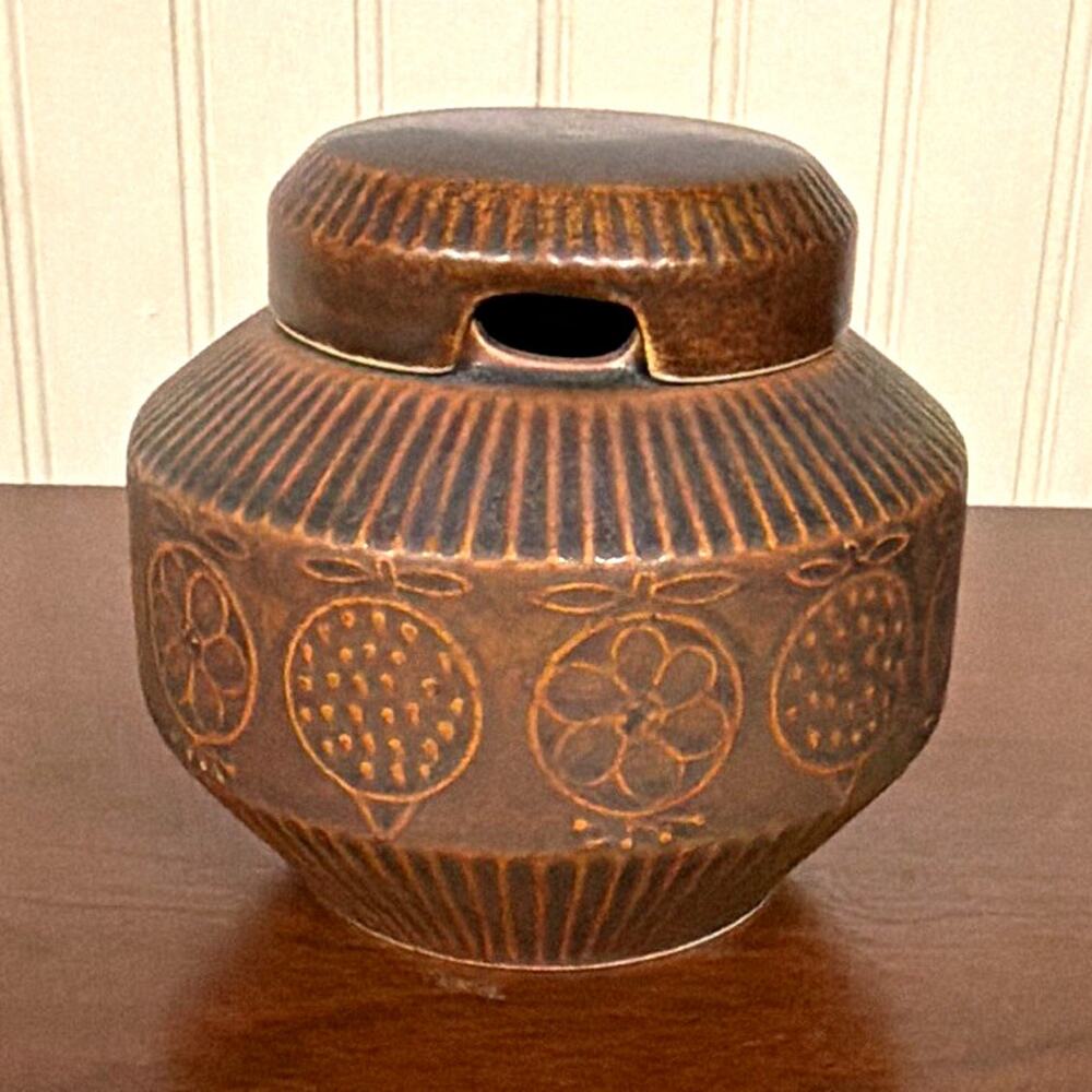 ARSA Poland Brown Art Pottery Lidded Jar Floral Pattern Round MPN 143